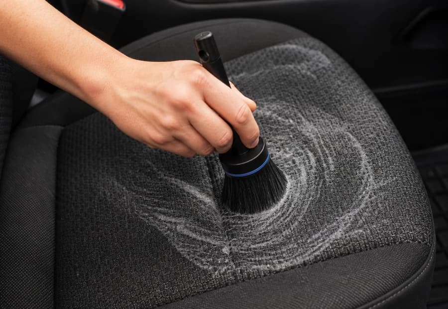 Cepillo trabajando el tapiz de tela del auto