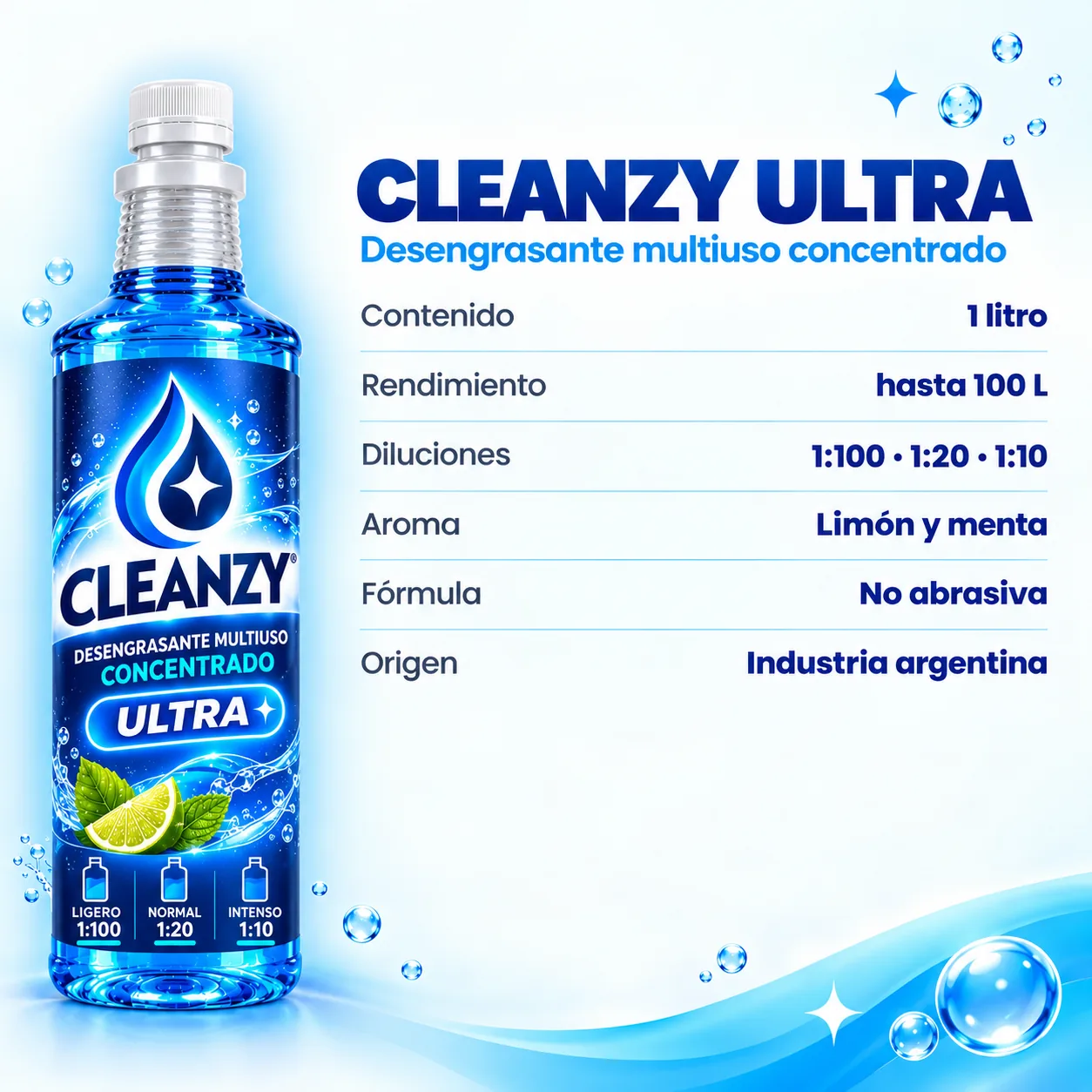 Cleanzy Ultra de un litro, con datos de rendimiento y dilución.