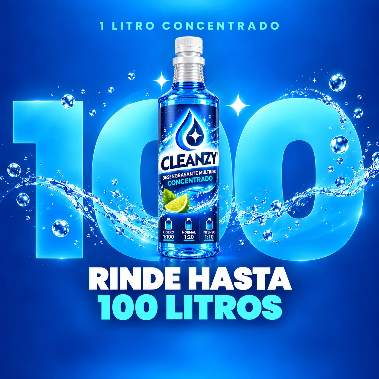 Una botella de Cleanzy rinde hasta 100 litros en dilución ligera.