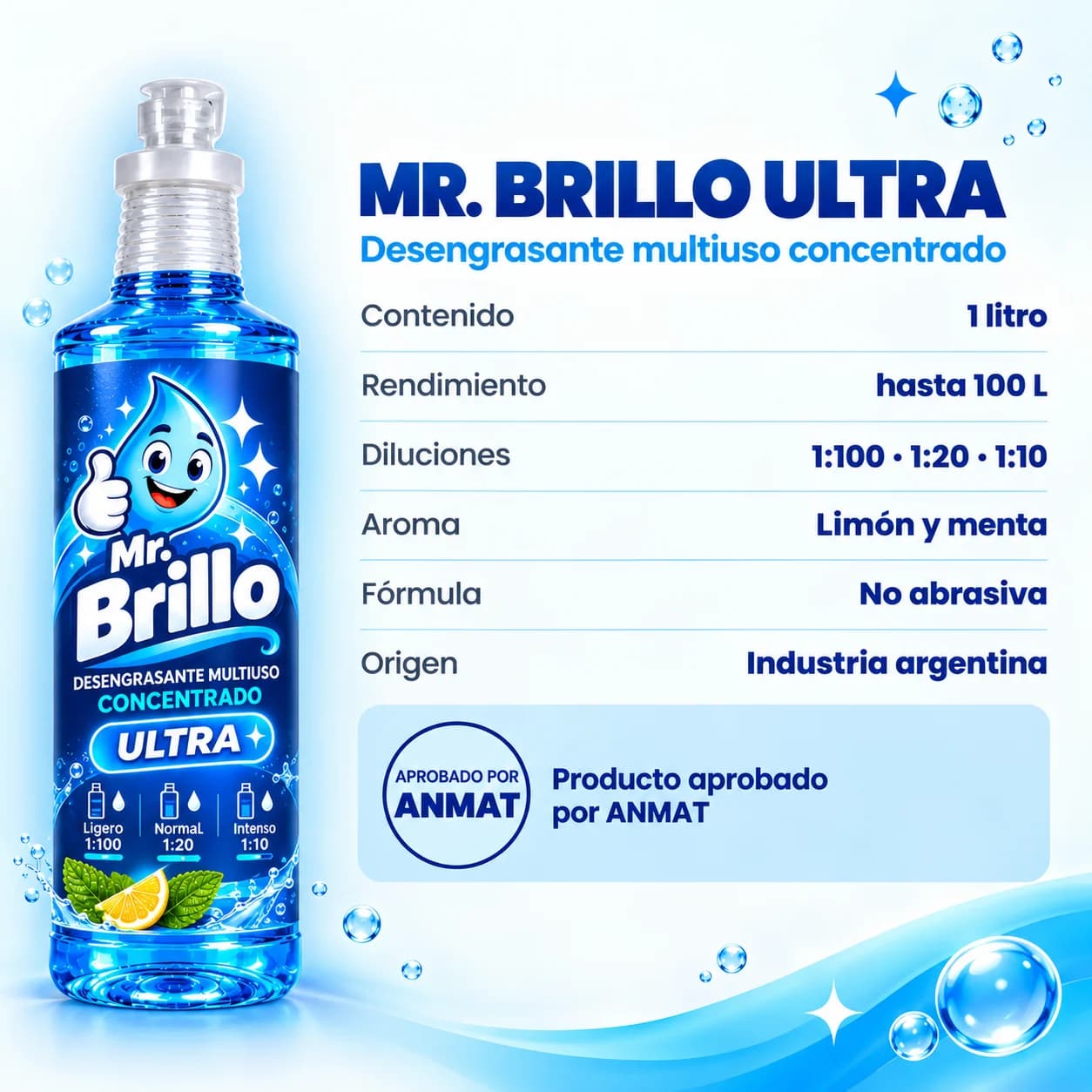 Ficha aportada: contenido 1 litro, rendimiento hasta 100 litros, aroma limón y menta, origen argentino.